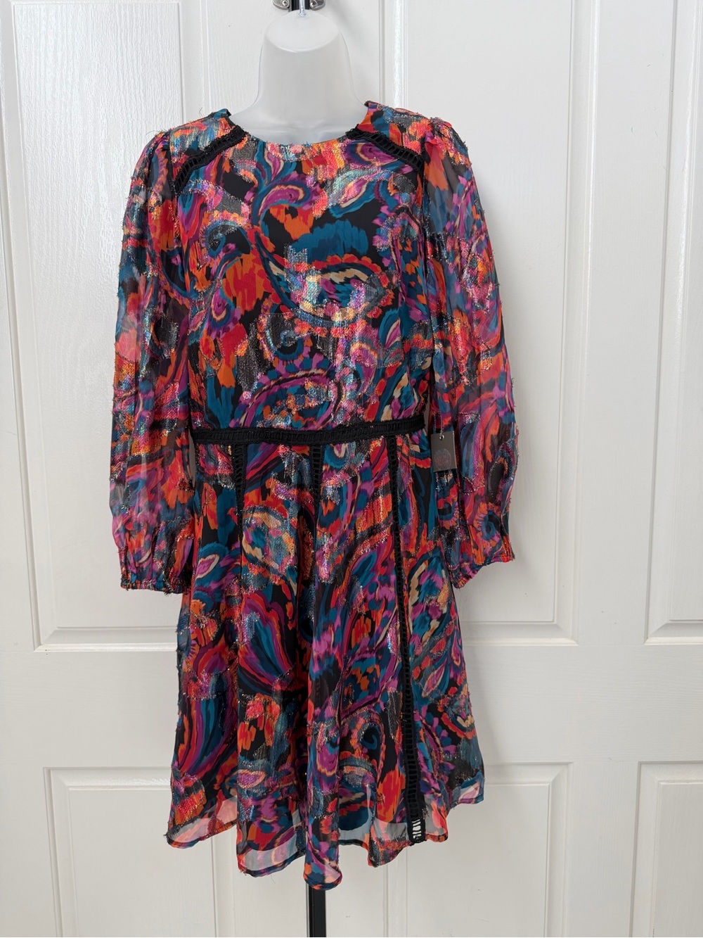 Vince Camuto Multicolor Paisley Sheer Long-Sleeve Dress Sz 10